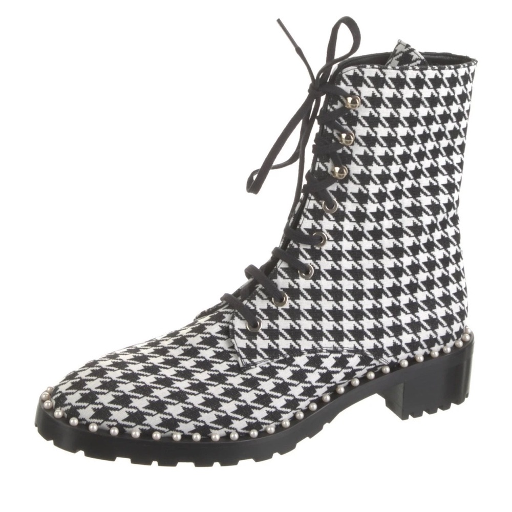 Stuart Weitzman houndstooth combat boots pearls